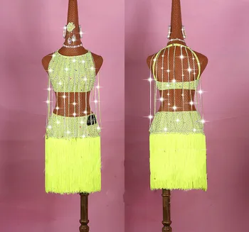 

Rhinestones Lady Latin Dance Dresses Sexy Backless Diamond Tassel Dress For Women Girls Stage Competition/performance Clothing