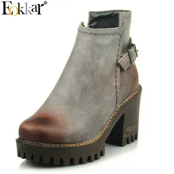 

Eokkar 2020 Women Ankle Boots Square Hih Heel Winter Boots Platform Elegant Warm Women Shoes All Match Ladies Boots Size 34-43