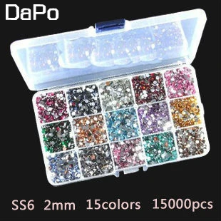 

Mixed rhinestone 15000pcs 2mm Nail Art Rhinestone 1000pcs/color 15color Giving 15 Slots Rhinestone Storage Case Box
