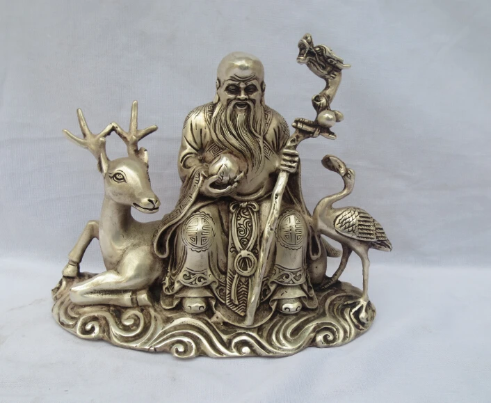 

Collectible Decorated Old Handwork Tibet Silver Carved "shou" Immortal ,deer ,crane Sculpture Best Gift For Father Monther Elder