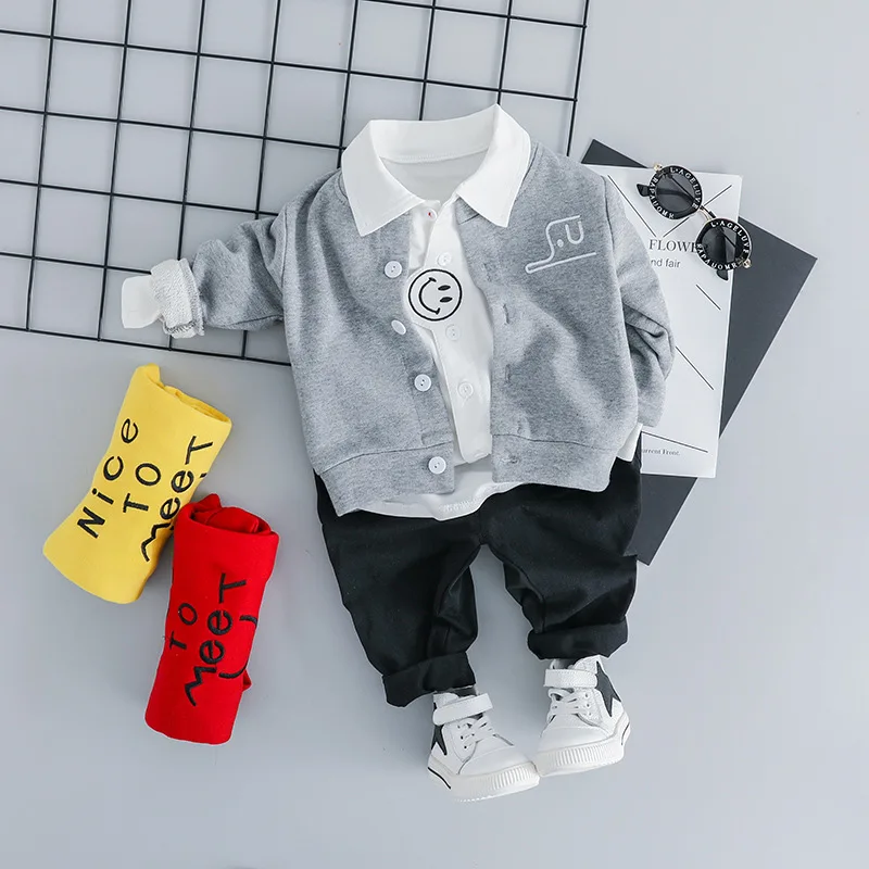 Newborn Baby Clothes Autumn Winter Baby Boys Clothes Cardigan+T-shirt+Pants 3pcs Outfit Suit Infant Clothing For Baby Set - Цвет: Gray