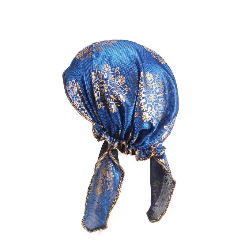 Мусульманский Женский позолоченный цветочный предварительно связанный шарф тюрбан шляпа банданы шапочка при химиотерапии шапки обертывание головы для рака выпадения волос крышка - Цвет: Blue