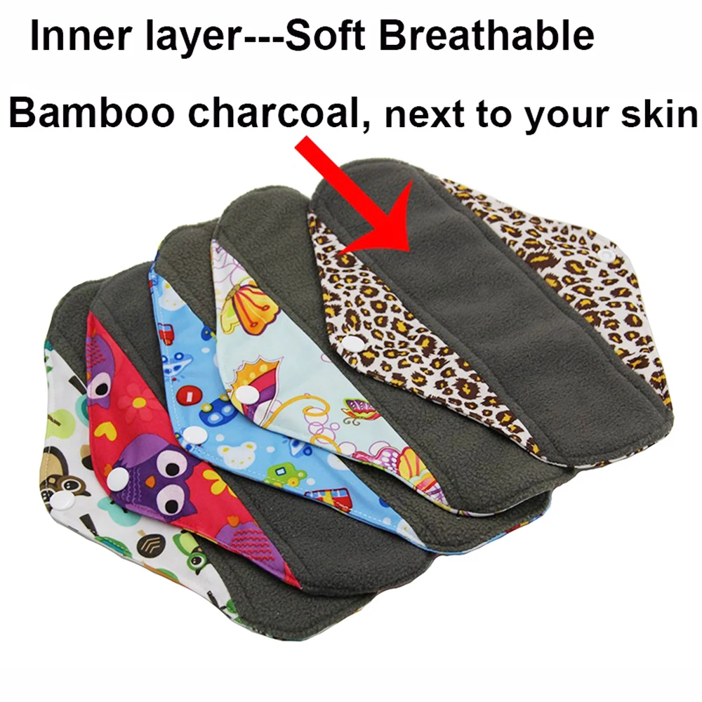 VEJYO 10PCS 10" Regular Flow Bamboo Charcoal Washable Reusable Menstrual Sanitary Cloth Pads Napkin Soft Period Pads for Women 3