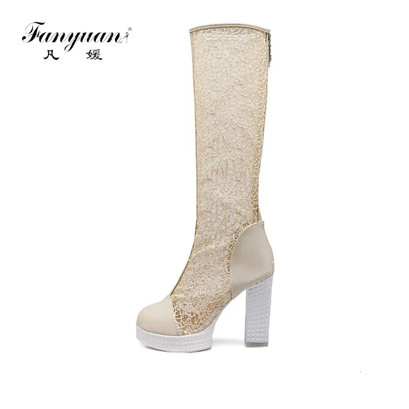 

Fanyuan Gladiator Sandals Women Sexy Lace Transparent Summer Long Boots Breathable Mesh High Heels Platform Sandals Female Black