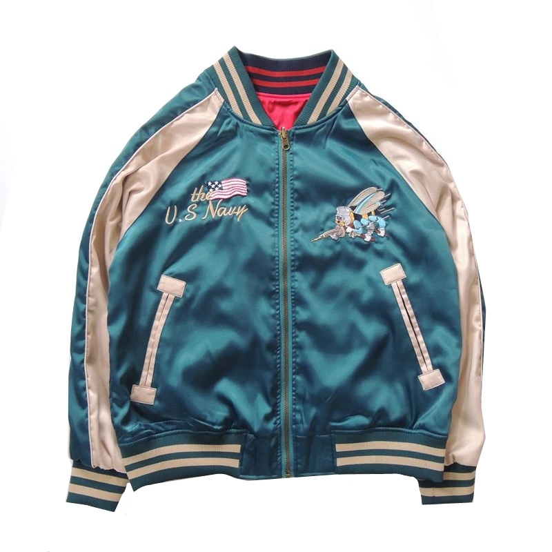 

Spring Women BF Reversible Jacket Stand Collar Bee Cranes Embroidery Reversible Baseball Uniform Vintage Short Coat