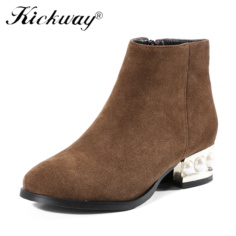 

Kickway Plus Size 33-43 Ladies pearls Low Heel Ankle Boots Women Round Toe Solid Color Winter Shoes Women Leisure Daily Footwear