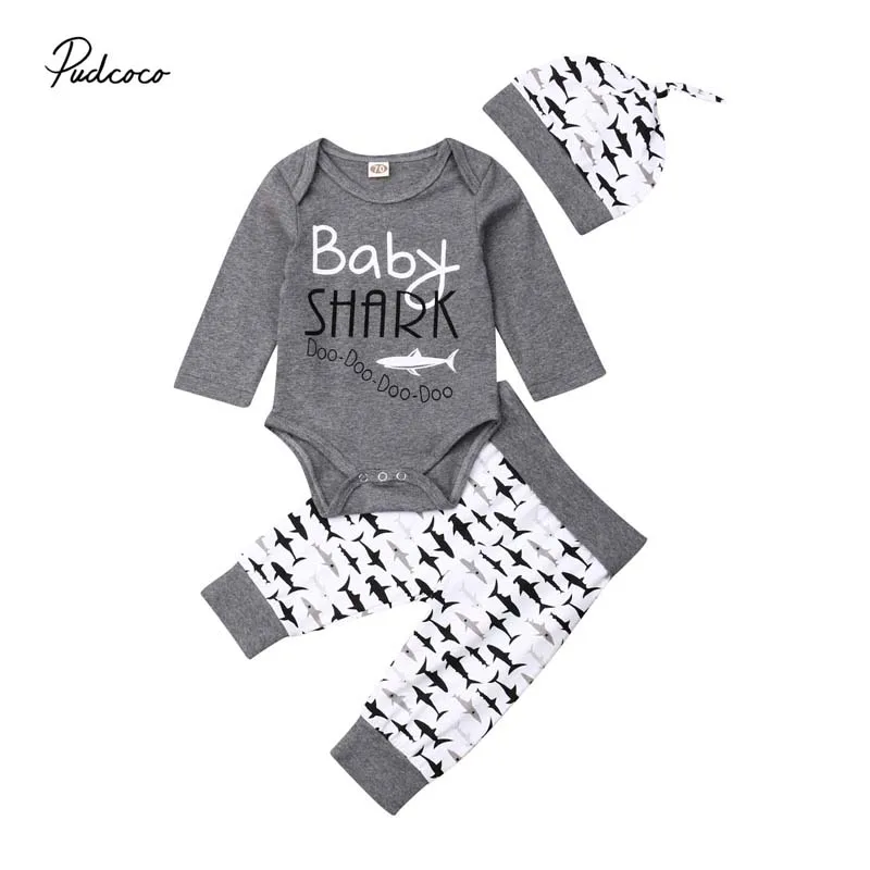 

2019 Brand 0-24M Baby Boy Outfit Long Sleeve Romper Bodysuit Long Pants Legging Hat Shark Pirnt Clothes Set Casual 3Pcs Autumn