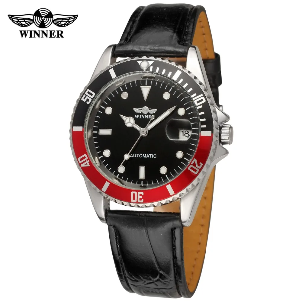 

WINNER Brand Mens Automatic Mechanical Watch Leather Band Fashion Military Style Date Display Wristwatch Relogio Releges