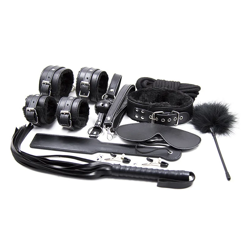 10pcsset Sex Bondage Restraint SM Kit Handcuffs Collar Gag Mask Paddle Whip Rope Feather Adult Games Sex Toys for Couples