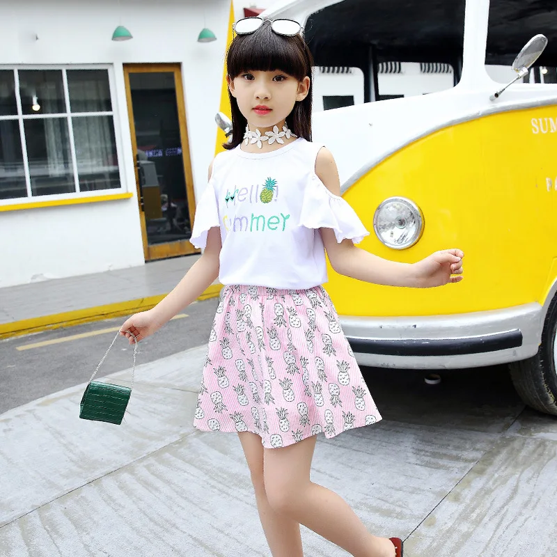 4 6 8 9 10 11 12 13 Years Baby Girl Clothes Set 2018 Print Off Shoulder