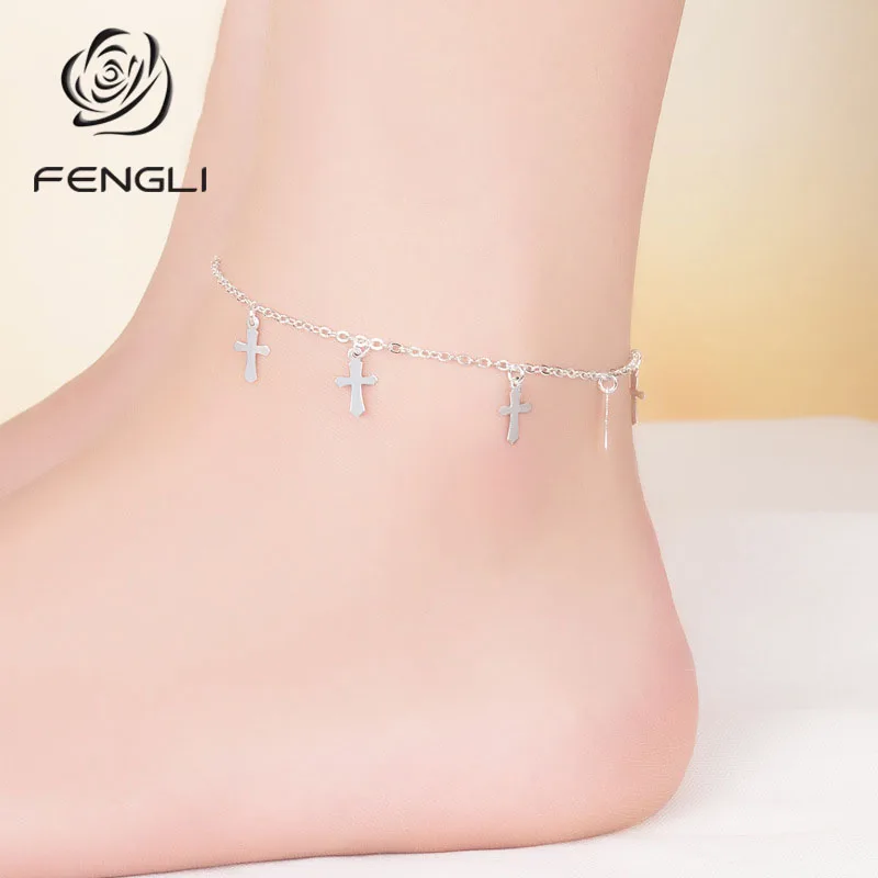 

925 Silver Women Bohemian Cross Bracelet Foot Chain Women enkelbandje ankle Anklet jewellery tobilleras pulsera para tobillo