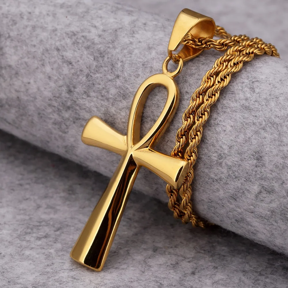 

Ankh Egyptian Cross Necklace Titanium Steel Men Jewelry 23.6in Chain Gold-color The Key of the Nile Cross Vintage Pendant