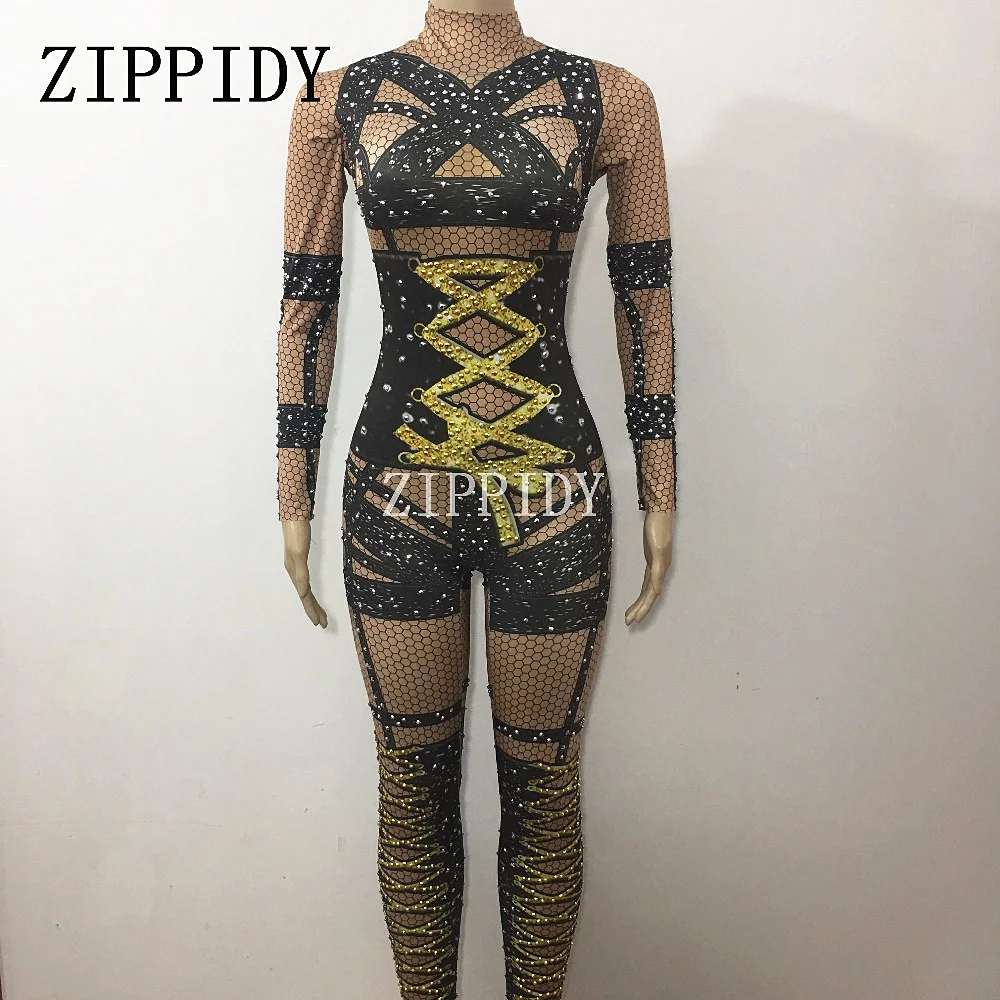 Black Gold Rhinestones Bandage Pattern Printed Jumpsuit Sexy Women One-piece Slim Bodysuit Female Singer Prom Stage Show Clothes