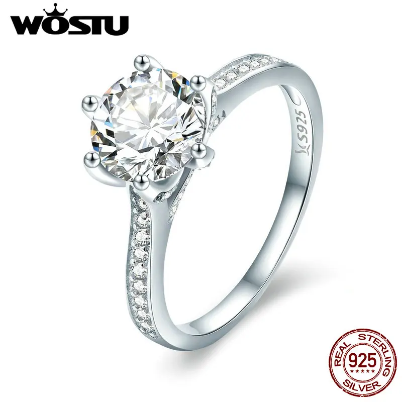 WOSTU 925 Sterling Silver 3 Carat AAAAA Round CZ Finger Ring for Women Luxury Wedding Anniversary Engagement Jewelry Gift CQR342 afbeelding