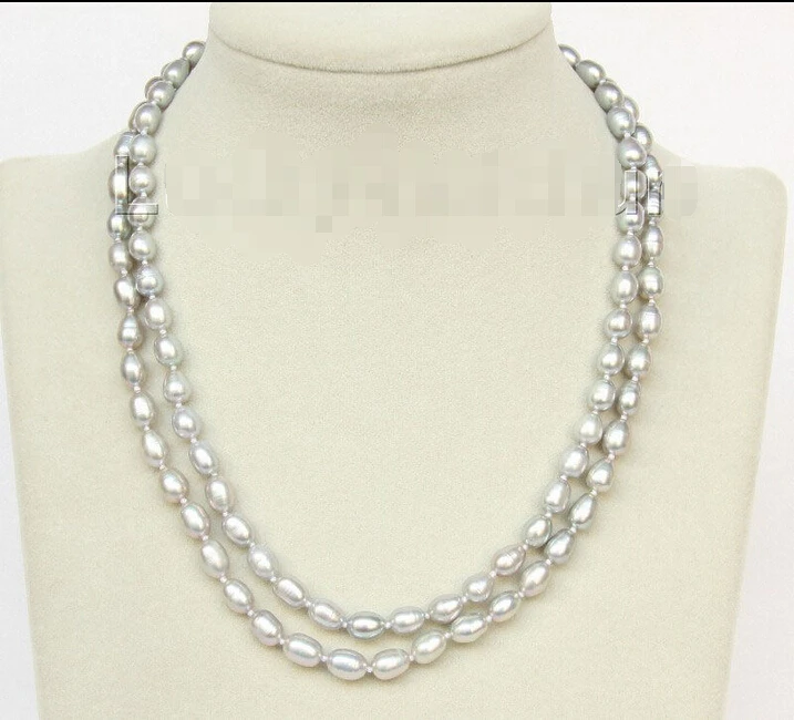 

FREE SHIPPING>@@> 16-17" 2row 9mm rice gray pearls necklace gold plated clasp j9962 ^^^@^Noble style Natural Fine jewe &