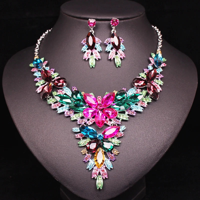 

Luxury Crystal Flowers Jewelry Sets Necklace Earrings Set Bridal Wedding Engagement Jewellery Costume Accessories Crystal Sets