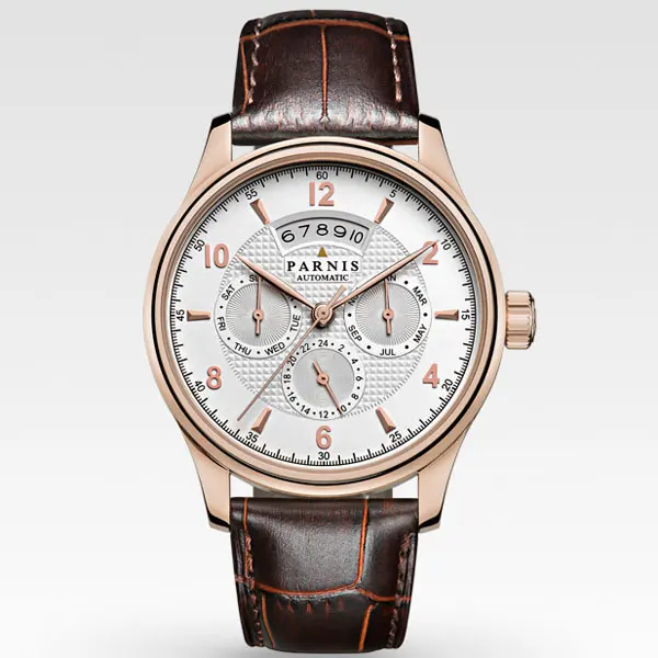

Parnis 42mm japan Miyota 9120 5ATM automatic men's watch date month week 24 hours display white dial gold case sapphire glass