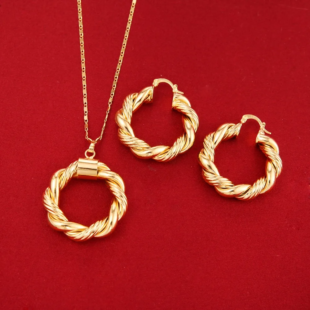 

Vintage Circle Pendant Necklace 24K Gold Mix Colors Twisted Pendant Earrings Jewelry Set