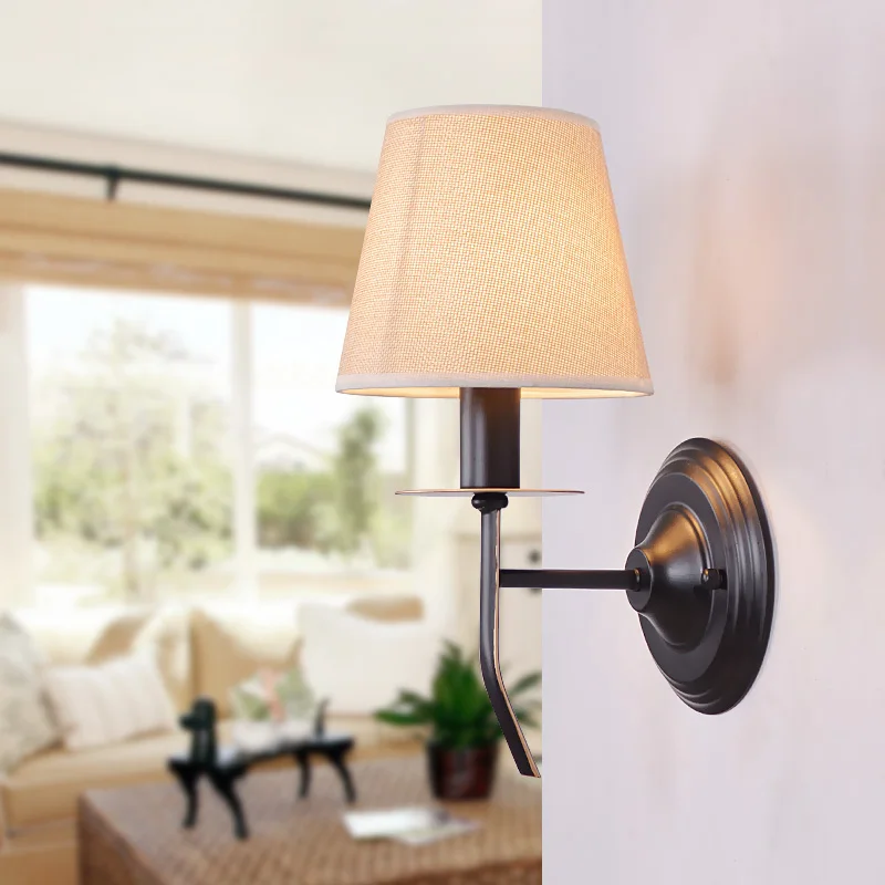

IRON lamps Modern Fabric lampshade brief bedroom study wall lights simple bedside lamp Creative Living room wall lamps
