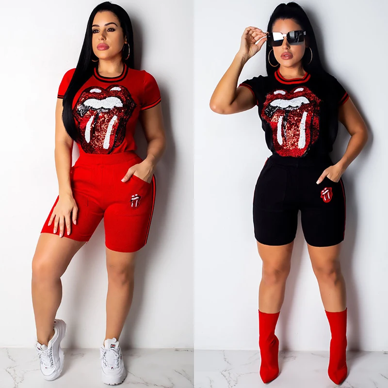 

2 TWO PIECE SET T Shirt Short Sleeve Pattern Sequin Suit Big Lip Women Tracksuit Harajuku Lounge Wear High Waist Summer Street
