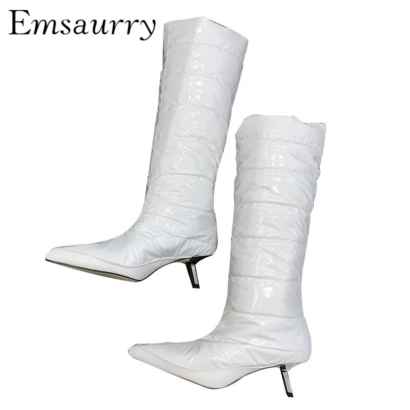 

New Winter Snow Boots 2019 Sexy Pointed Toe Individual Bending Metal Thin Heel Knee High Booties For Women