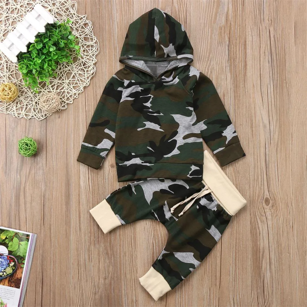 

Fashion Toddler Unisex Infant Baby Boys Girls Camouflage Splice Patchwork Top+Pants Hooded Cotton Outfits Set