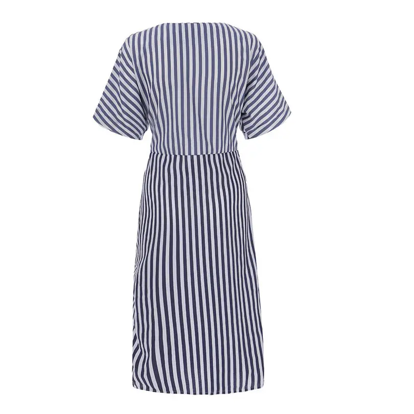New Women Summer Fashion Casual Daily Elegant Cotton Blue Striped Bandage Split Long Dress Long Dress #4A25 (9)