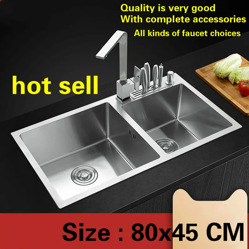 

Free shipping Fashion standard big kitchen manual sink double groove 304 food grade stainless steel deluxe hot sell 800x450 MM