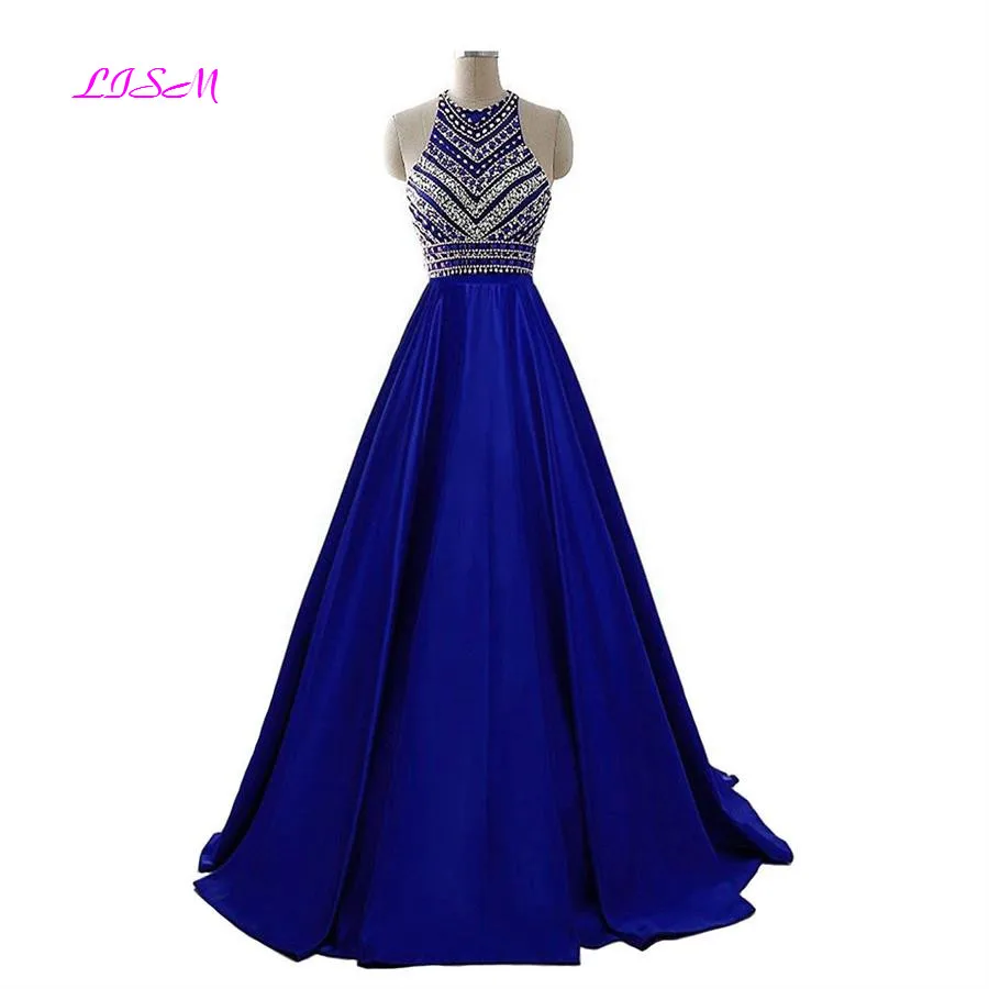 Royal Blue Crystals Prom Dresses 2022 A-Line Sleeveless Party Dress with Pockets O-Neck Beaded Satin Long Formal Evening Gowns rose gold prom dress