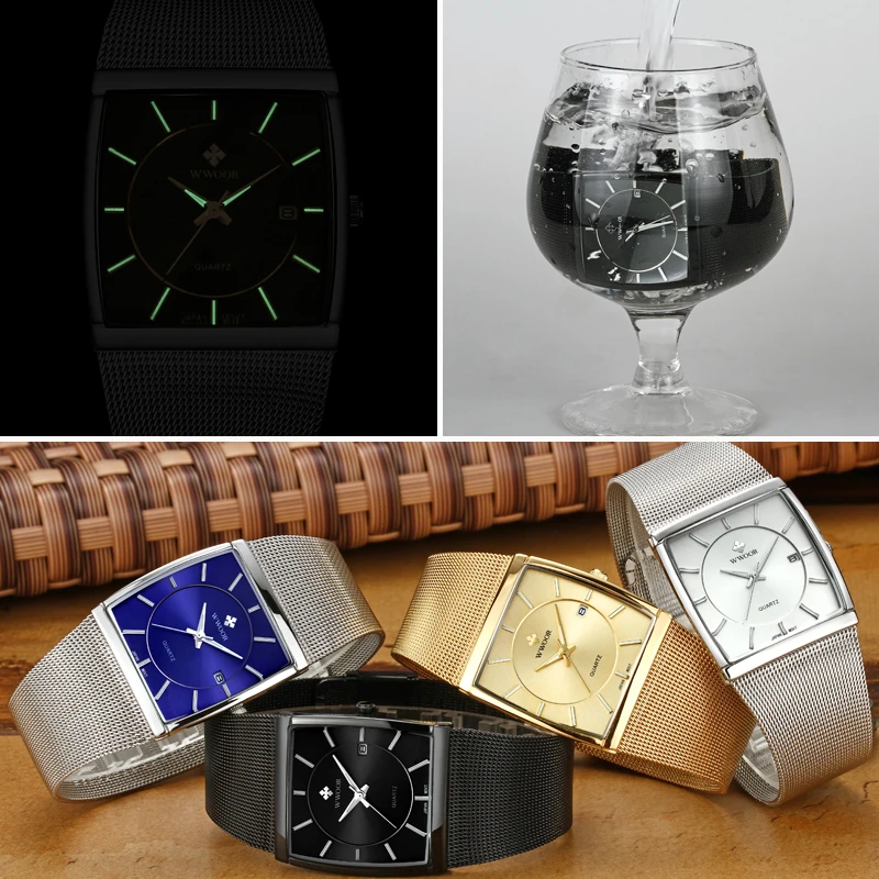 WWOOR, мужские часы, кварцевые, квадратные, водонепроницаемые, бизнес часы, мужские, лучший бренд, люкс класс, нержавеющая сталь, спортивные наручные часы, мужские, черные часы