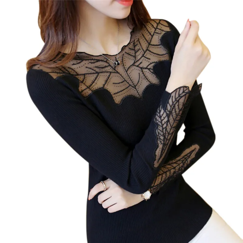 Women Long Sleeve Blouses Shirts Female Knitted Lace Blouse Spring