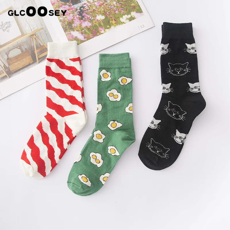Женские хлопковые высокие носки в полоску с изображением сердца ананаса кошки