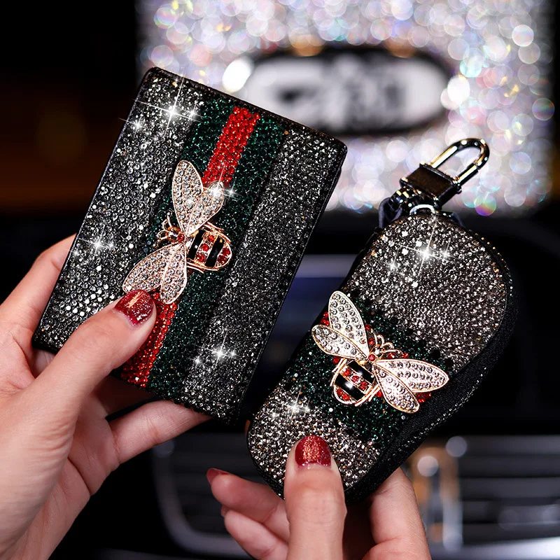 

New car key bag bee cute inlaid rhinestone multi-function zipper key set universal lady driver's license set pendant A170