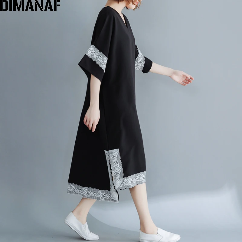 DIMANAF Plus Size Women Dress Vintage Big Size Lady Vestido Elegant Spliced Lace Summer Sundress Loose Female Clothes Black