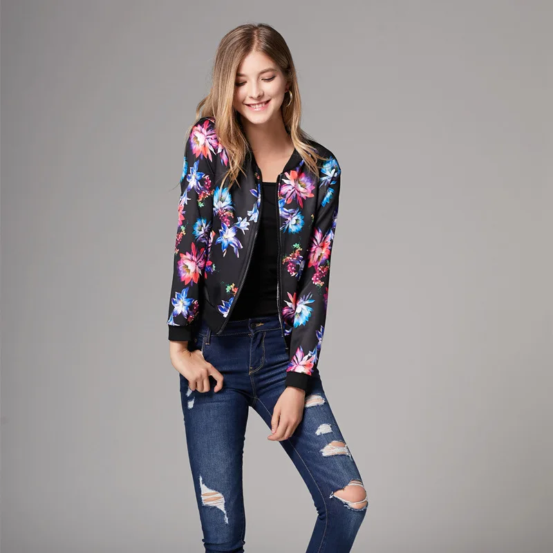 2019 Spring Autumn Women Vintage Floral Print Zipper Bomber Jacket Casual Long Sleeve Ladies O Neck Ropa Mujer Tops NO909 |