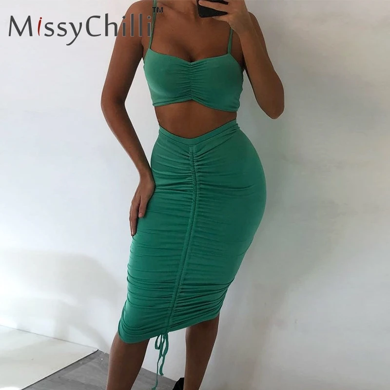 

MissyChilli Ruffle strapless two-piece suit dress Women elegant high waist bodycon sundress Female sexy summer clubwear dress