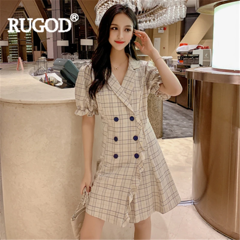 

RUGOD Women plaid vintage dress notched puff sleeve double-breasted ruffles mini dress new summer fashionable feminine ladies