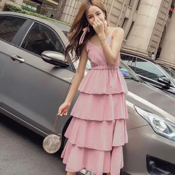 

Women Dress Cotton Sleeveless White Yellow Powder Blue Dress Elegant 2019 Spring Summer New Sweet Slim Laye Cake Dress DV447