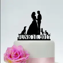 Свадебный торт Топпер с собакой и кошкой, невеста и жених с домашними животными, Mr и Mrs торт Топпер, заказной торт Топпер, силуэт пары