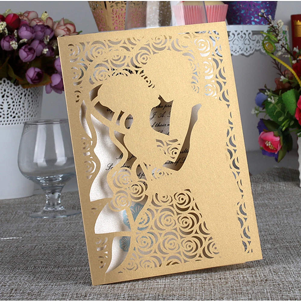  10cs Carved Bride Groom Kiss Pattern Wedding Invitation Card Laser Cut Wedding Card Kit with Inner  - 32836721576
