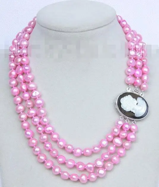 

Free Shipping >>> Baroque 16"-18" 3row 9mm Peach pink pearls necklace seashell clasp j10080