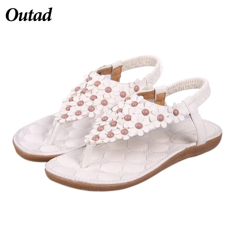 

OUTAD Summer Women Shoes Flats Sandals Female Bohemia Girl Casual PU Leather Flower Floral Beach Flip Flops Sandals