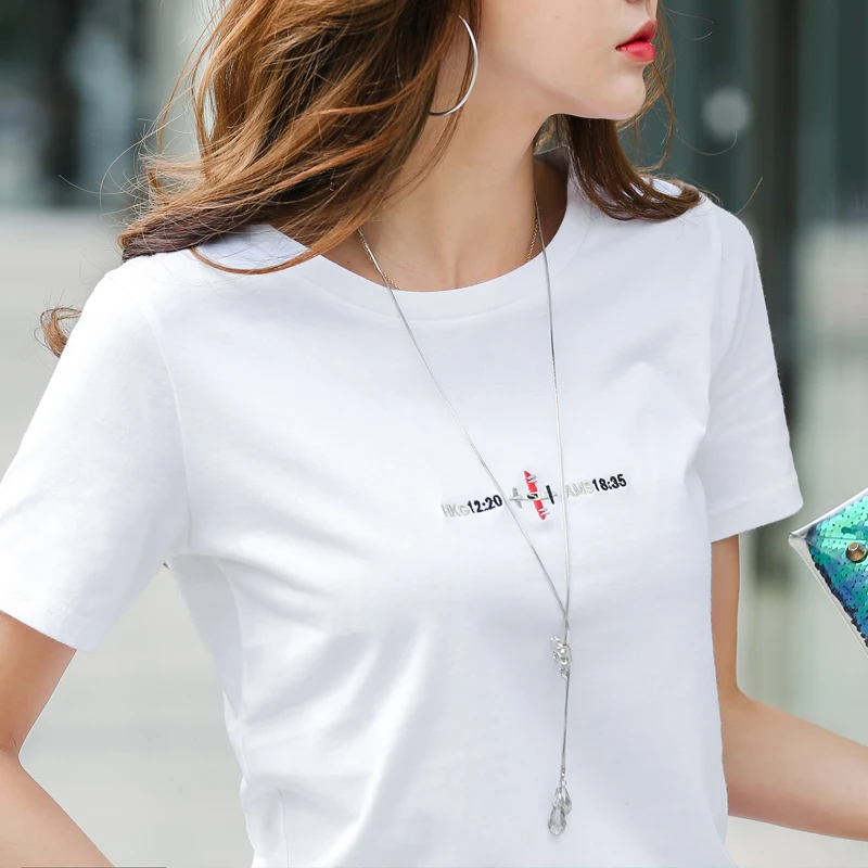 

HLBCBG 100% Cotton Woman Casual Shirts Female T-shirts Women T Shirt Summer Short Sleeve Top Tee S-3XL Embroidery T-shirt