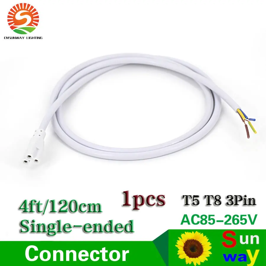 

CNSUNWAY 1pcs T8 T5 Connector 3 Pin Single-ended Power Cords 4ft 120cm 1200mm Power Cable For Integrated Led Tube Lights