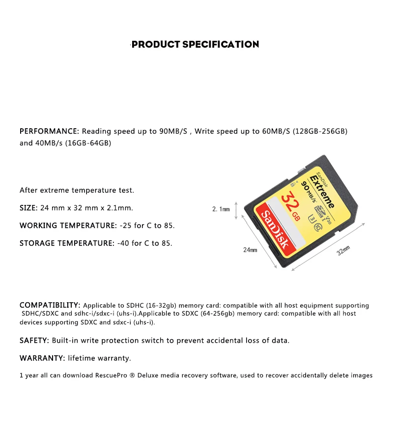 Двойной Флеш-накопитель SanDisk 90 МБ/с. Extreme SD Card 64 Гб оперативной памяти, 32 Гб встроенной памяти, слот для карт памяти U3 флеш-карта V30 для Камера Class10 флеш-карта UHS-I SDXC карты памяти SDHC