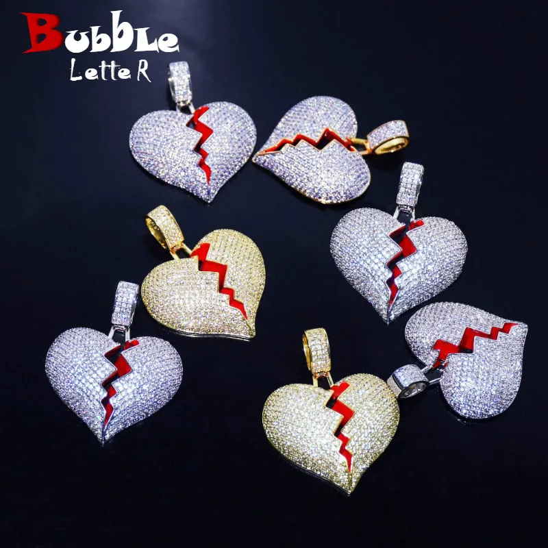 Bubble Letter Broken Heart Necklace & Pendant Charms Chain for Men Real Gold Plated Hip Hop Jewelry