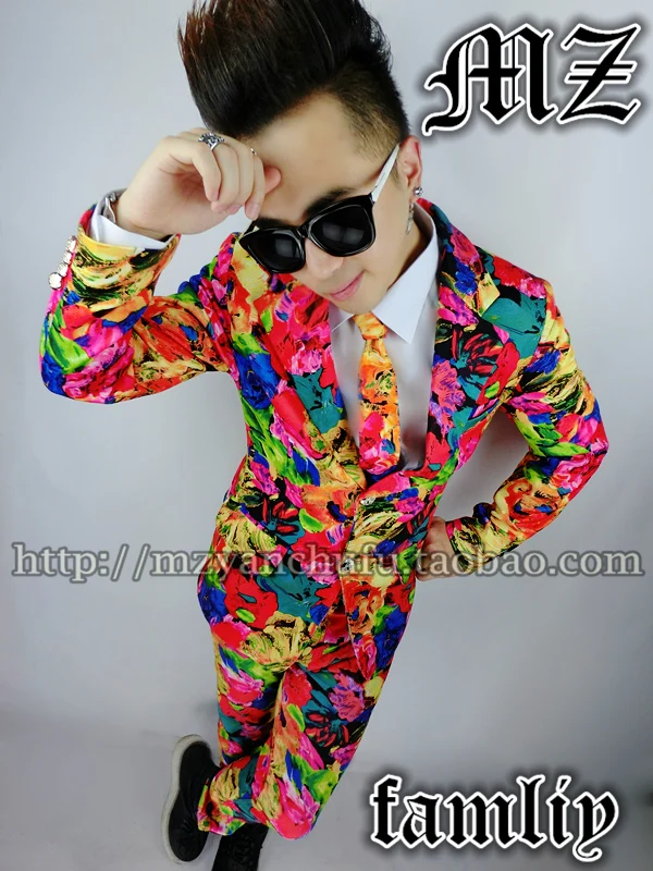 

Nightclub men's clothing fashion trend of men's slim print suit bar men's stage singer DJ suit tide