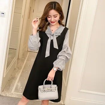 

Spring pregnant dress Stripe stitching puff sleeve Midlong maternity gown women outwear for pregnancy dresses for pregnant women