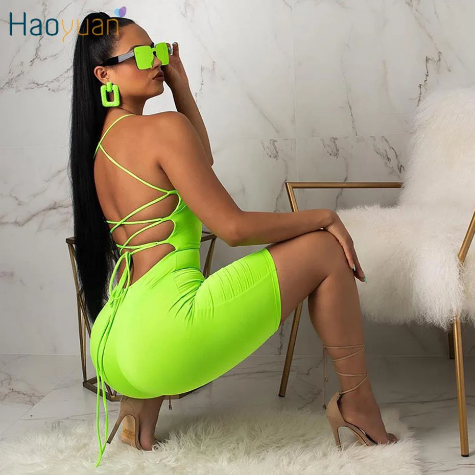 

HAOYUAN Sexy Costumes Backless Strappy Bodycon Playsuit Neon Green Orange Club One Piece Overalls Rompers Women Jumpsuit Shorts