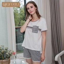 Женские летние повседневные пижамные комплекты, женские футболки с круглым вырезом и коротким рукавом и шорты, мягкий хлопковый пижамный комплект белого и серого цвета
